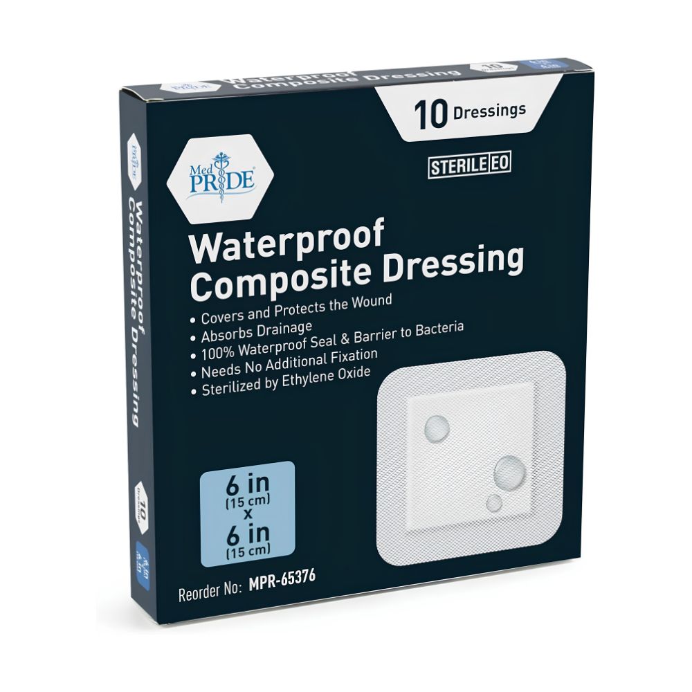 A box of Shield Line Medpride Waterproof Composite Dressing (4"x4" & 6"x6"), 10 sterile dressings. The waterproof, absorbent, and bacteria barrier features are highlighted with an image of a single dressing on the packaging.