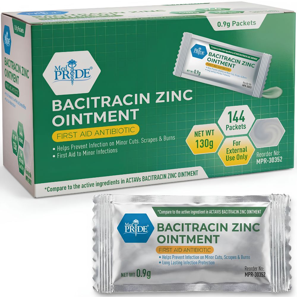 A box of Shield Line MED PRIDE Bacitracin with Zinc Ointment, a first aid antibiotic for infection protection, includes 144 packets. One 0.9g packet is displayed in front of the box.