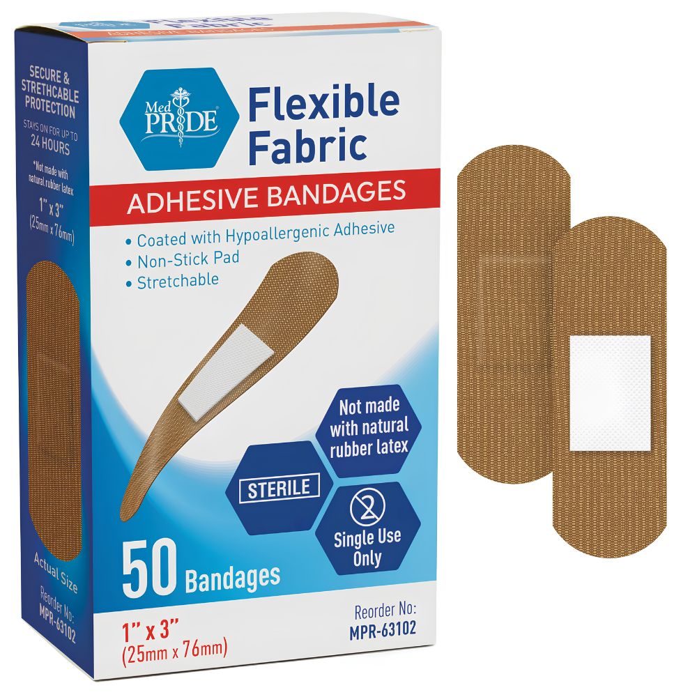 A box of Shield Line MedPride Sterile Fabric Adhesive Bandages (3/4'' x 3", 1'' x 3", 2'' x 4.5") is shown beside two bandages. The box highlights “50 Bandages”, “Sterile,” and non-stick, hypoallergenic first aid features.
