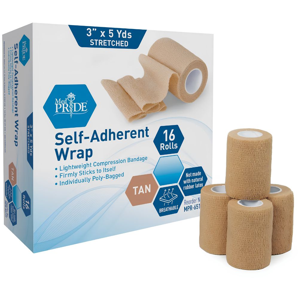 Shield Line Medpride Self-Adherent Wrap, Tan—16 latex-free rolls (3"x5 yds & 2"x5 yds), lightweight, breathable first aid flex tape. Four rolls are stacked next to the box for display.