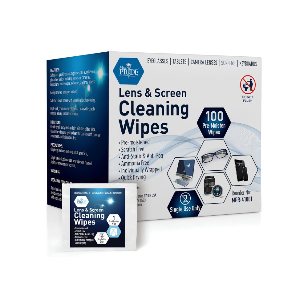 A box of Shield Line MedPride Premoistened Lens Cleaning Wipes (6" x 5", 100 wipes) offers streak-free cleaning for eyeglasses, tablets, camera lenses, screens, and keyboards, with device images displayed on the front.