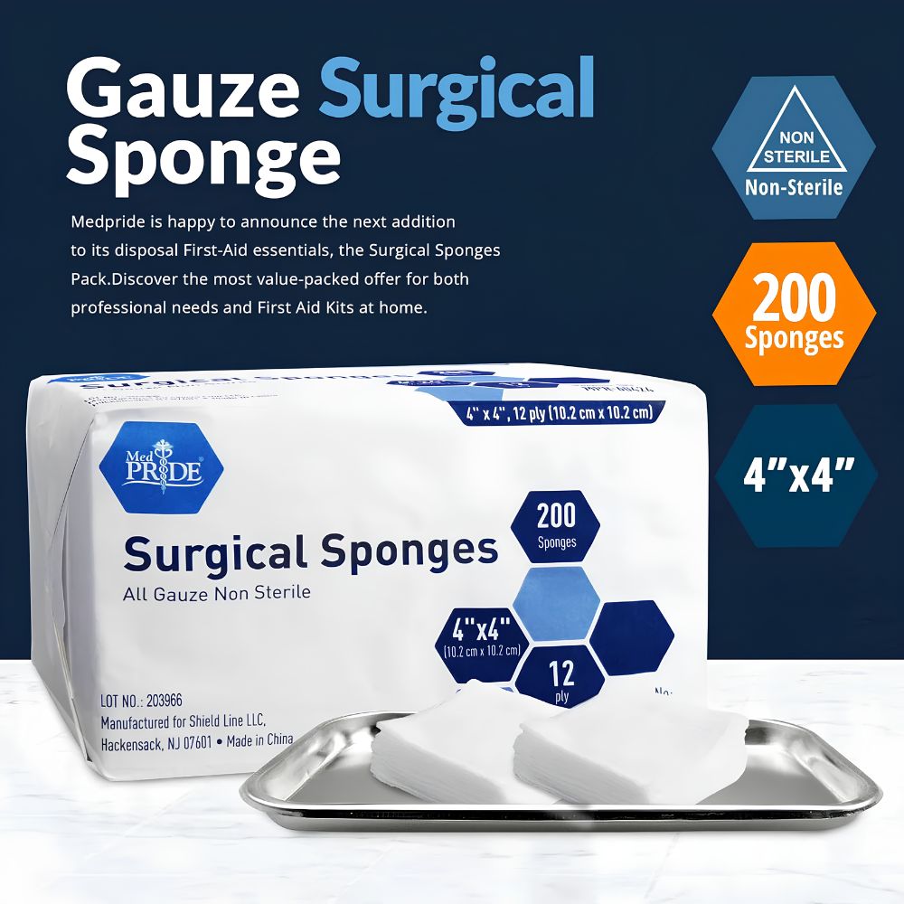 A box of Shield Line Medpride All Gauze Surgical Sponges (4”x4”, 12-ply & 16-ply, Non-Sterile) is shown with 200 sponges. Two unfolded white gauze sponges rest on a metal tray against a blue background, ideal for wound care.