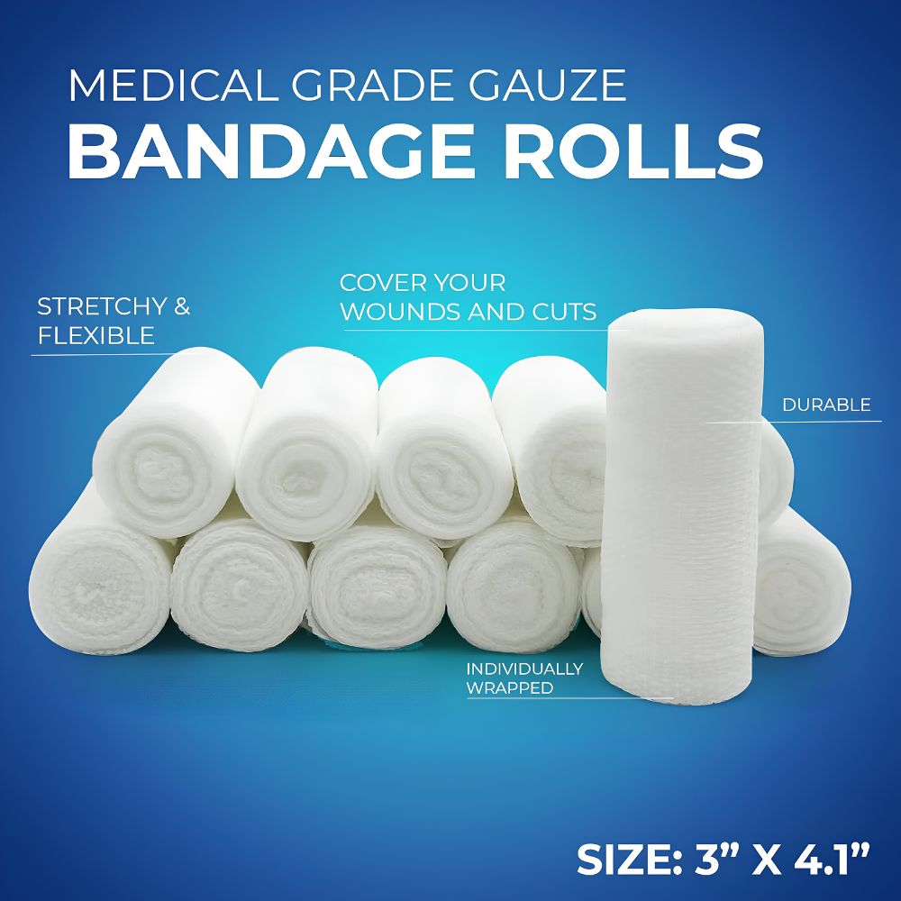 Several Shield Line MedPride Conforming Stretch Gauze Bandage Rolls are stacked against a blue background, with text emphasizing stretchiness, durability, and individual wrapping. One roll stands upright. Non-sterile. Ideal for first aid; size: 3 x 4.1.