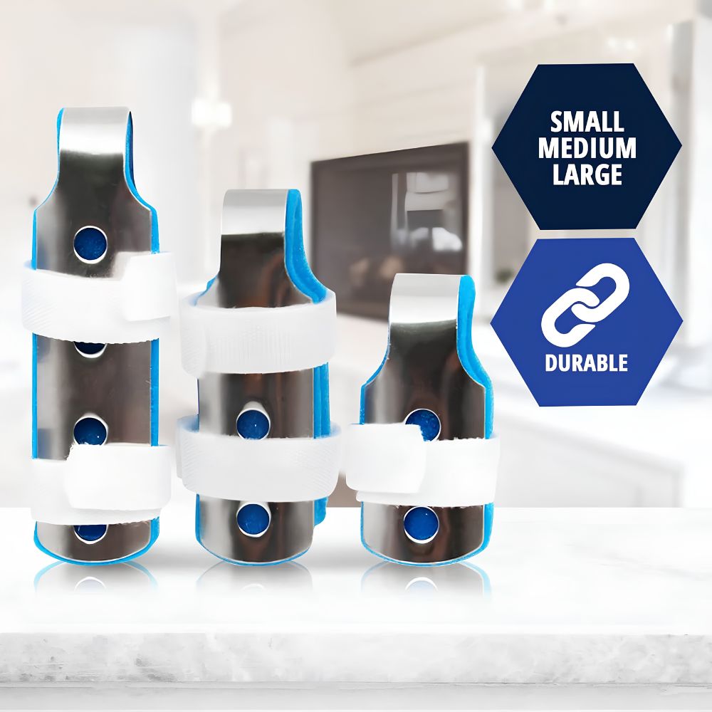 Three Shield Line MedPride Finger Splints (S, M, L) with blue accents and white straps are shown on a counter. Text highlights all three sizes and their durable design, ideal for mallet finger. A blurred home background appears.