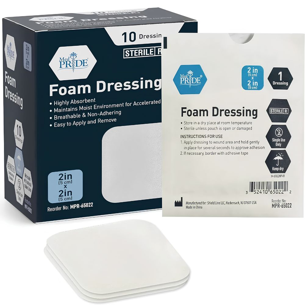 A box and packet of Shield Line Medpride Foam Dressings, 2"x2", with a white, hydrophilic, highly absorbent sterile foam pad shown. Packaging highlights breathability, softness, and non-adhesive design for easy use.