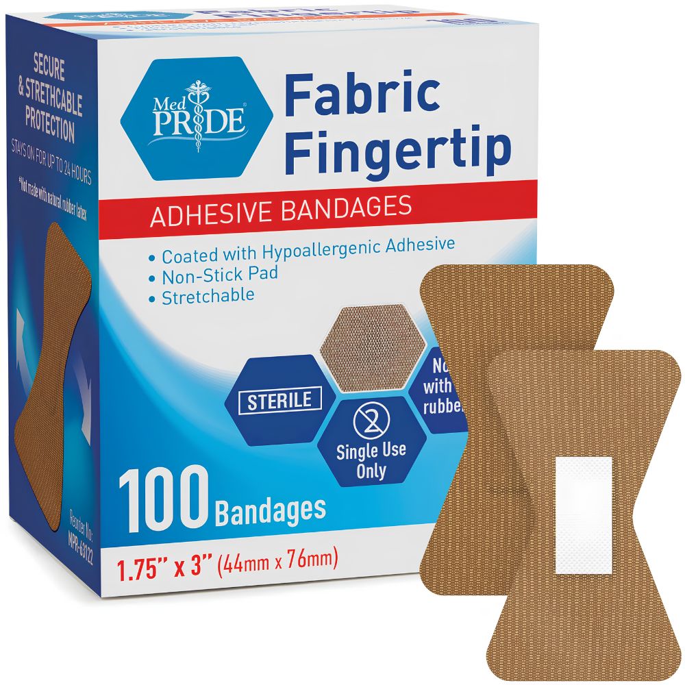 Box of Shield Line MedPride Sterile Fabric Fingertip Adhesive Bandages (1.75" x 2" & 1.75" x 3") with two bandages shown. Features include hypoallergenic adhesive, non-stick pad, and stretchable fabric for comfort and protection.