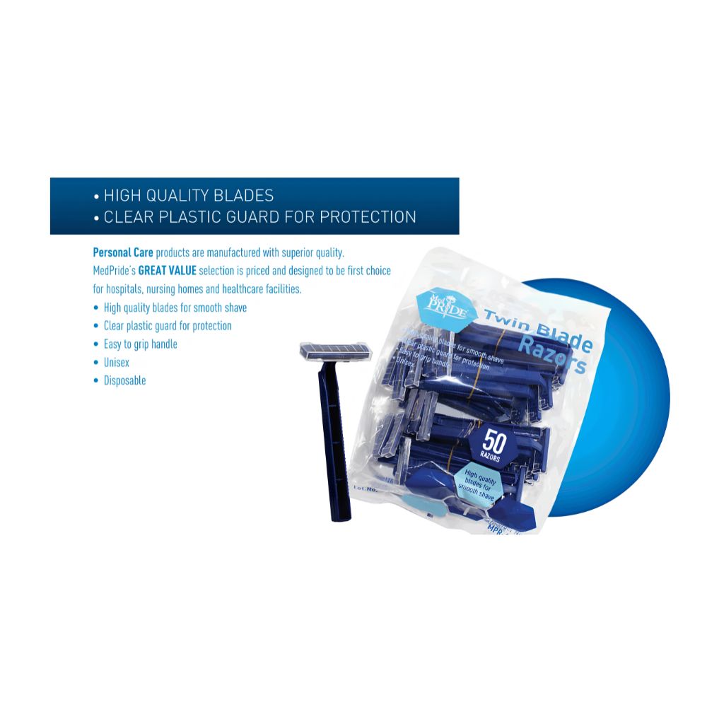 A Shield Line MedPride Twin Blade Razors pack is pictured with one razor outside, showcasing features like safe shaving, high-quality twin blades, ergonomic unisex handle, and a convenient disposable design.