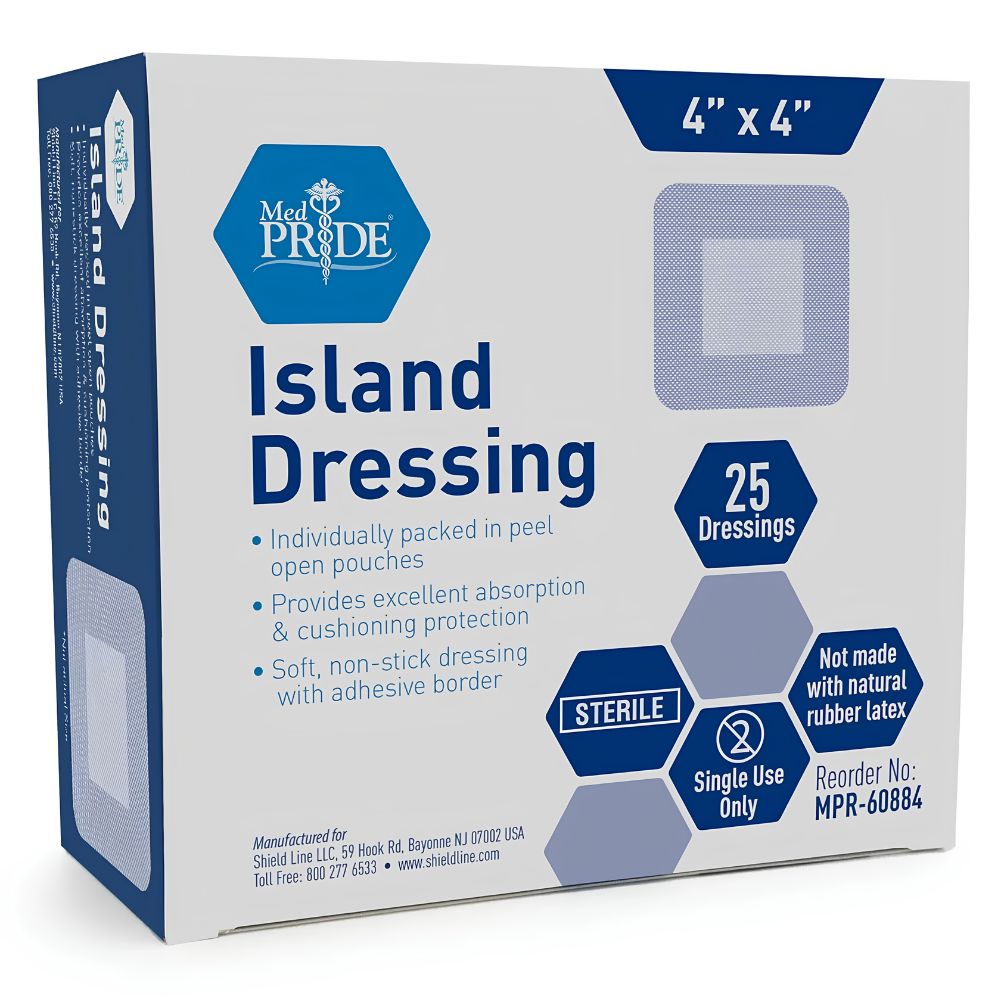 A box of Shield Line Medpride Gauze Island Dressing Sterile (4"x4") includes 25 single-use, latex-free, adhesive wound dressings with non-stick pads for safe, convenient wound care. Also available in 2"x3.5", 6"x6", and 6"x8" sizes.