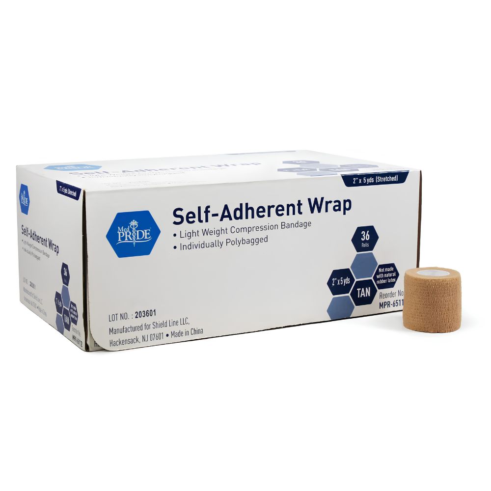 A tan Shield Line Medpride Self-Adherent Wrap and its box, labeled latex-free, displaying 1", 2", 3", 4", and 6" x 5 yds. sizes—ideal for wound care, lightweight, cohesive, comes in a pack of 36.