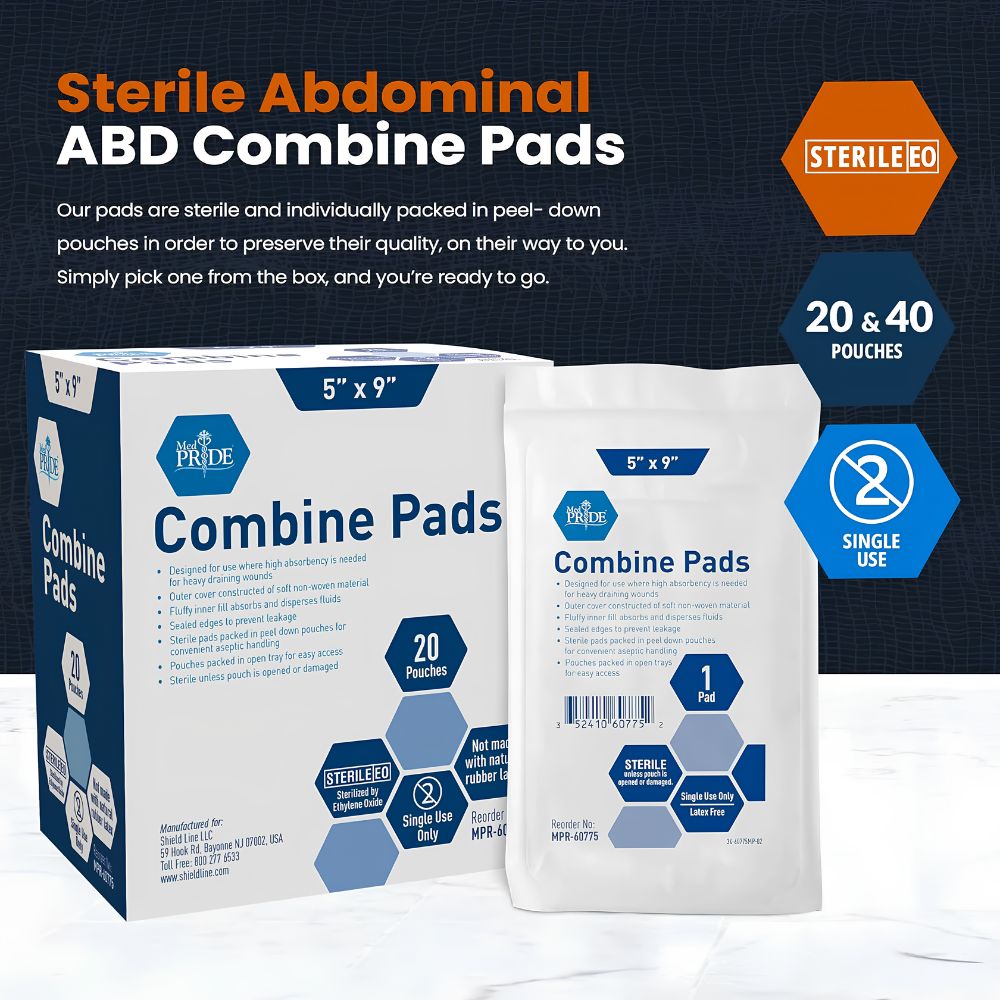 Shield Line MedPride Sterile ABD Combine Pads packaging shows a box and single pad pouch. Features 5"x9" and 8"x10" sizes, sterile, for heavy draining wounds, single use only; available in 20 or 40 count packs.