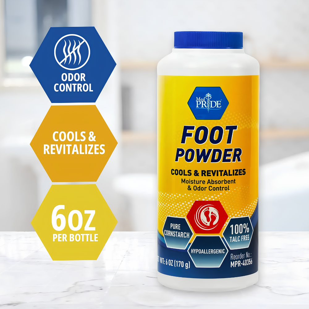 A Shield Line MedPride Cooling Foot Powder bottle (6 oz) sits on marble, featuring odor absorption, cooling & revitalizing effect, moisture control, pure cornstarch formula, hypoallergenic benefits, and 100% talc-free.