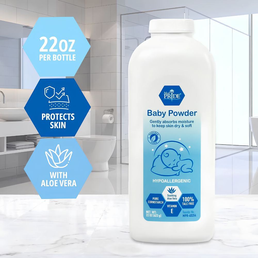 A white 22oz Shield Line MedPride Baby Powder bottle with aloe vera sits on a marble counter. Blue icons highlight its size, moisture protection for delicate skin, and hypoallergenic label—ideal for your baby’s needs.
