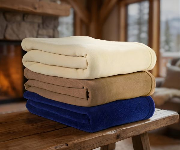 Three folded Vellux Renew Chenille Blankets by WestPoint Home, in cream, tan, and navy blue, are stacked on a wooden bench in a cozy room with a stone fireplace and large windows—offering classic hotel softness and durability.