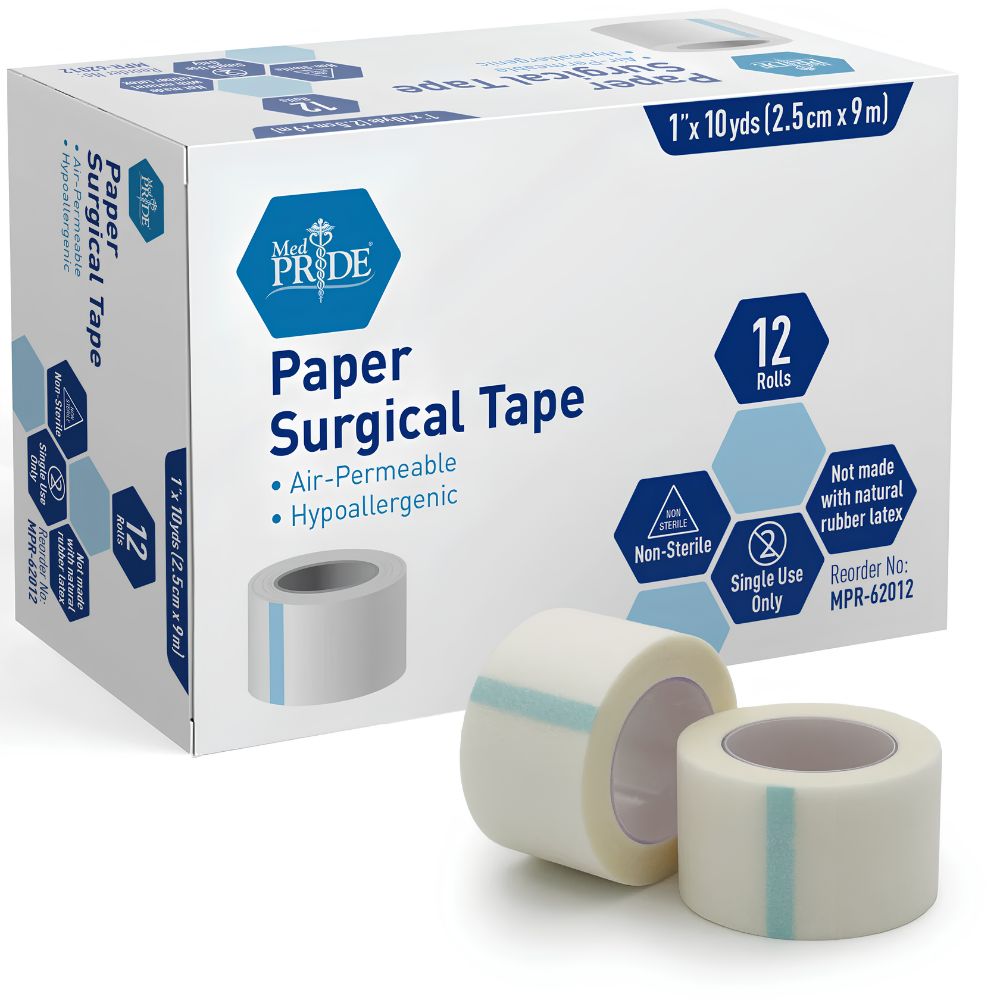 Box of Shield Line MedPride Paper Surgical Tape with two rolls in front. Packaging highlights breathable, hypoallergenic, non-sterile, single-use medical tape; 12 rolls per box in sizes from 1/2" to 3" x 10 yds.