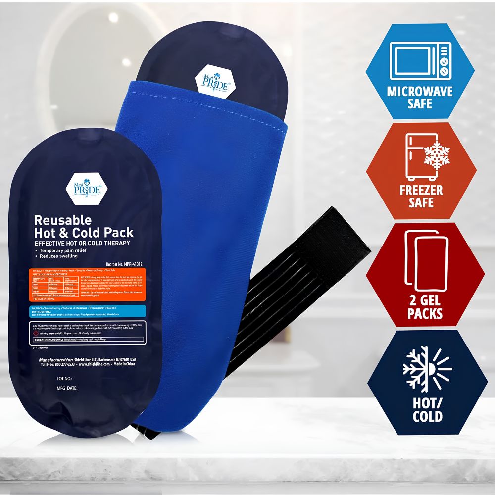 The Shield Line MedPride Reusable Hot and Cold Packs Set (11”x5.1” & 10.4"x5.3") is shown with a blue sleeve and black belt, plus icons for microwave safe, freezer safe, two packs, and versatile hot/cold pain relief therapy.