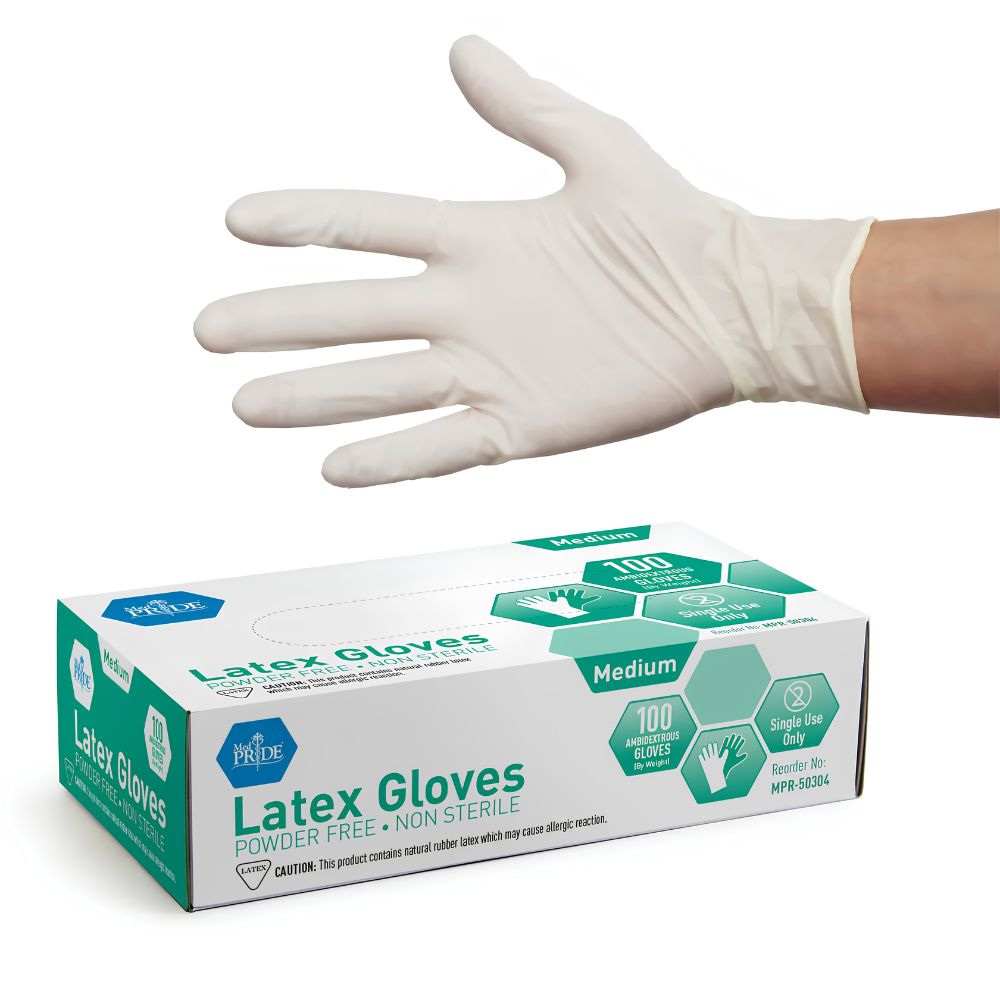 A hand in a white latex glove is shown above a box labeled Shield Line MedPride Latex G.P. Gloves, 4 mil thick, non-sterile, powder free, medium size, 100 gloves, single use only.