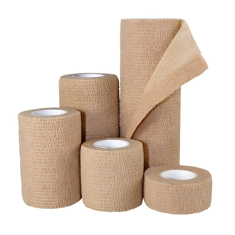 Five Shield Line Medpride Self-Adherent Wraps in tan (1"x5 yds to 6"x5 yds), with one roll partially unrolled, displayed upright on a white background—perfect for wound care and secure wrapping.