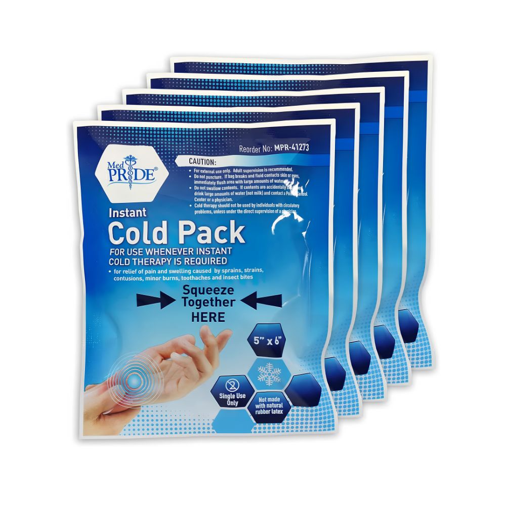 Five Shield Line MedPride Instant Cold Packs for Injuries & Pain Relief, in 5"x6" and 6"x9" sizes, are shown with instructions for single-use activation. Packaged 24 per case for convenient instant cold therapy.