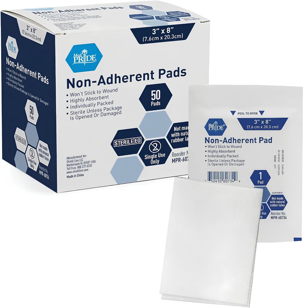 A box of Shield Line MedPride Sterile Non-Adherent Pads (2"x3", 3"x4", 3"x8") is shown with a single packet and an unfolded pad, featuring “50 highly absorbent, sterile, non-stick wound dressings” on the package.