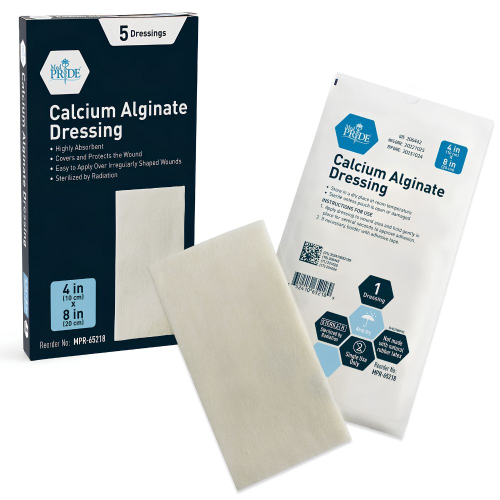 Shield Line MedPride Calcium Alginate Dressing box (4”x8”) shown with a white pad; packaging shows advanced wound healing, high absorbency, and 5 pads per box. One pad and its packet are displayed outside.