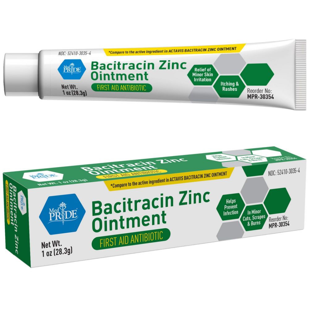 A tube and box of Shield Line MED PRIDE Bacitracin with Zinc Ointment provide infection protection and relief for minor irritation, itching, and rashes; both packages are green and white with text and hexagon graphics.
