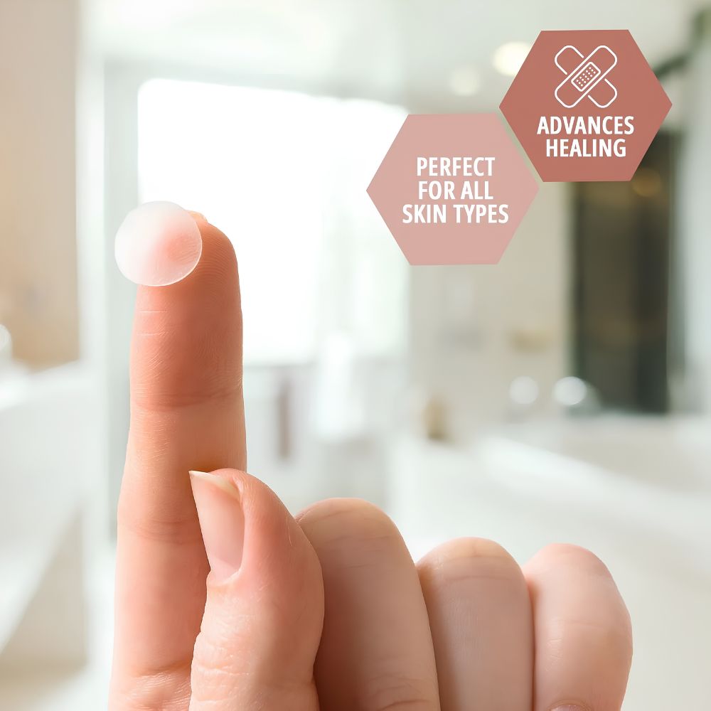 A close-up shows a hand holding a Shield Line Medpride Hydrocolloid Acne Patch (12mm) on the fingertip. In the bathroom background, hexagon text reads "PERFECT FOR ALL SKIN TYPES" and "ADVANCES HEALING." Alcohol-free and sterile.