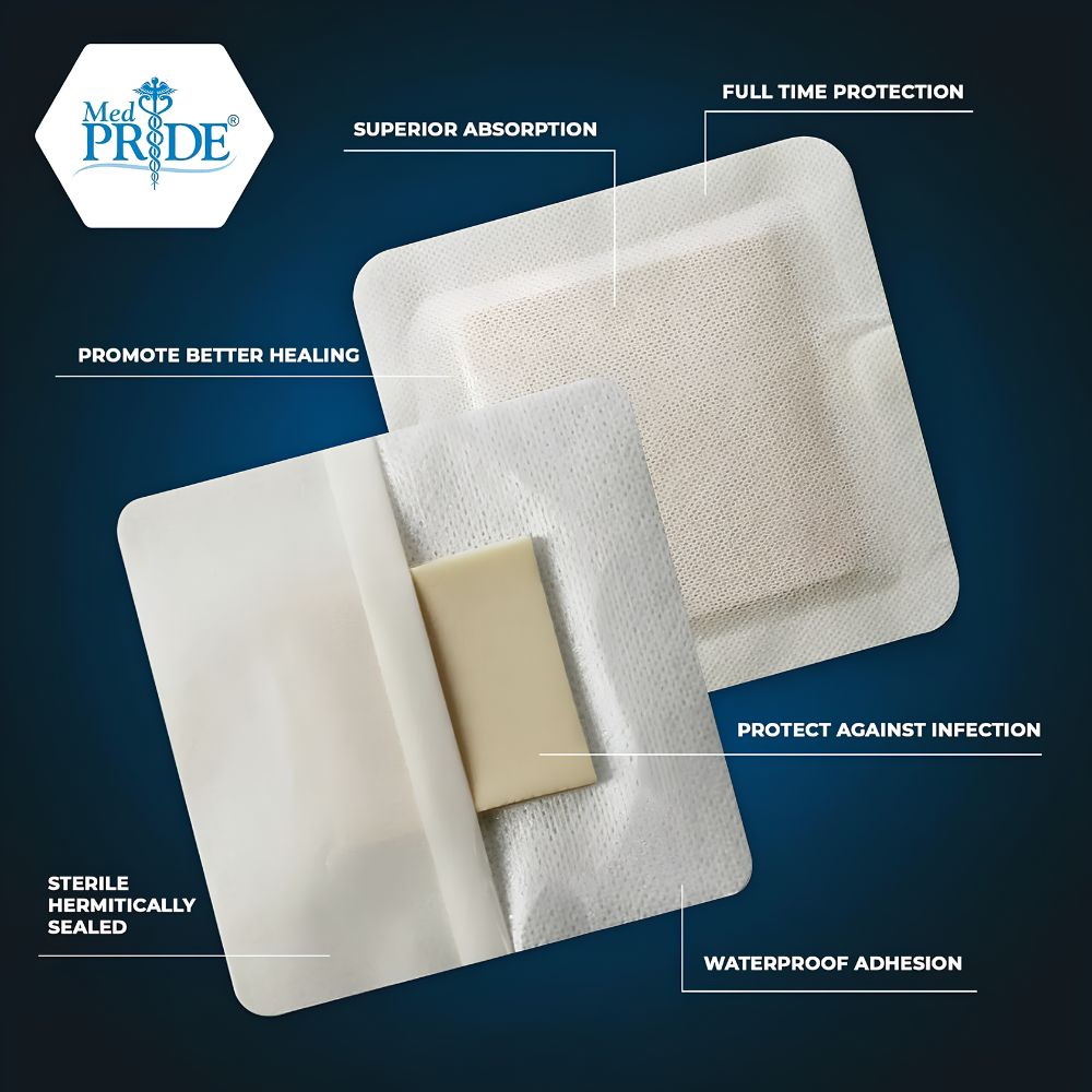 Two Medpride 4" x 4" & 6" x 6" Shield Line Waterproof Adhesive Border Foam Wound Dressings are shown on a blue background, featuring superior absorption, waterproof adhesion, infection protection, and sterile sealing.