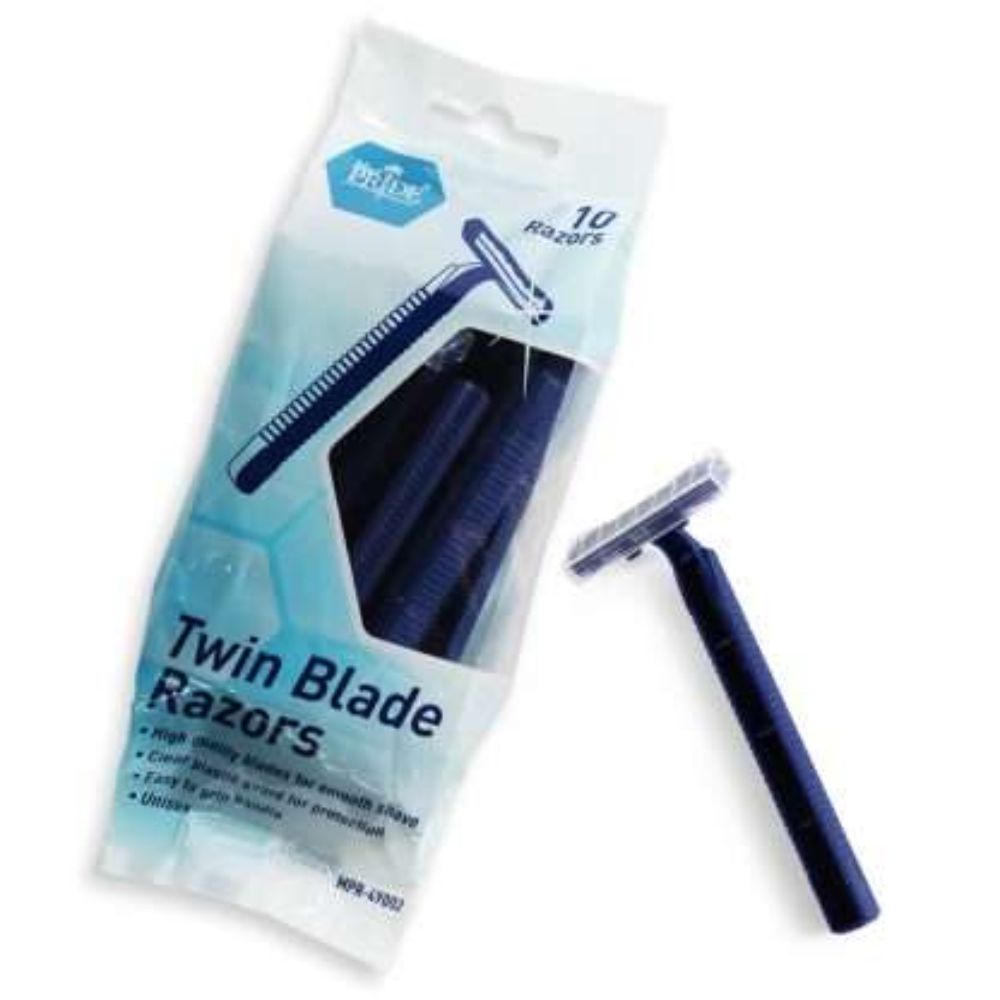 A pack of ten Shield Line MedPride Twin Blade Razors is displayed, with one razor outside the packaging. The razors have ergonomic handles for comfortable shaving, and the packaging shows product details and a razor image.