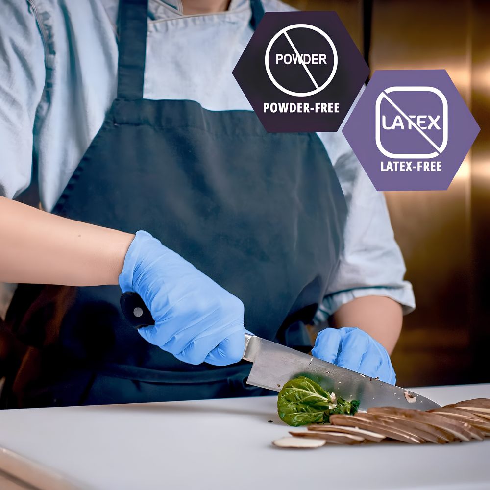 Someone slices mushrooms on a cutting board while wearing Shield Line MedPride Synthetic Vinyl Exam Gloves, 5 mil thick, non-sterile, powder-free, and latex-free gloves.