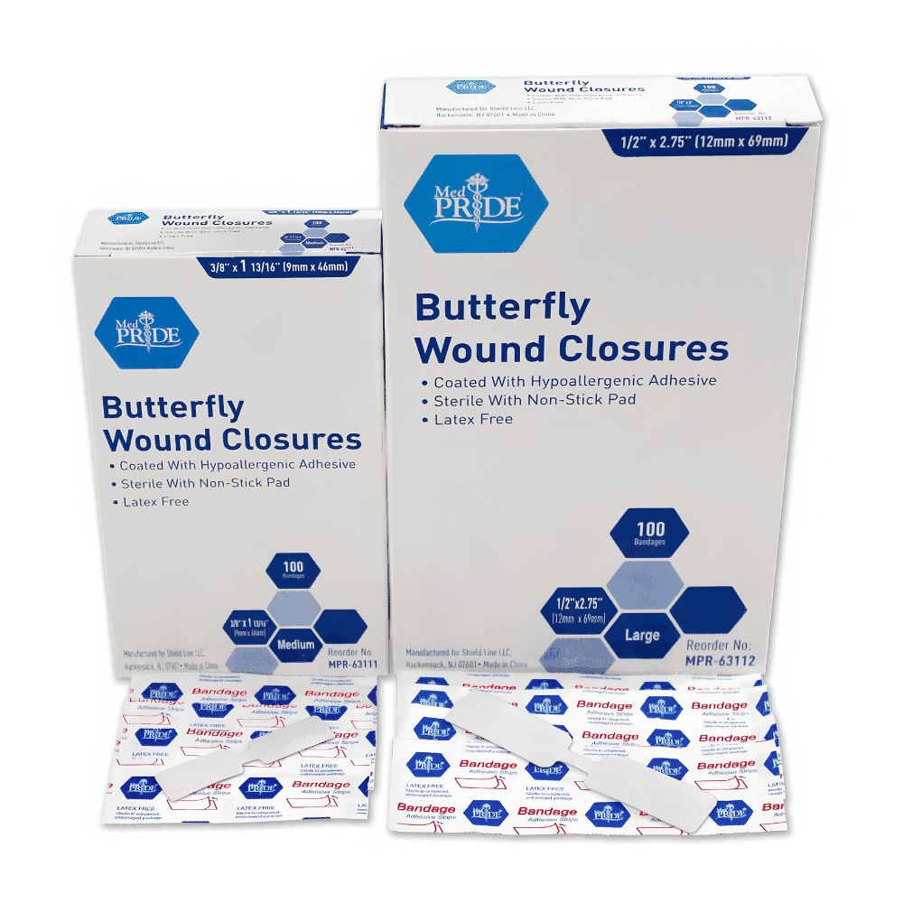 Two boxes of Shield Line MedPride Adhesive Bandage Butterfly Wound Closures, medium (3/8" x 1 13/16") and large (1/2" x 2.75"), are shown with individually wrapped, sterile butterfly closures. Packaging notes hypoallergenic and latex-free.