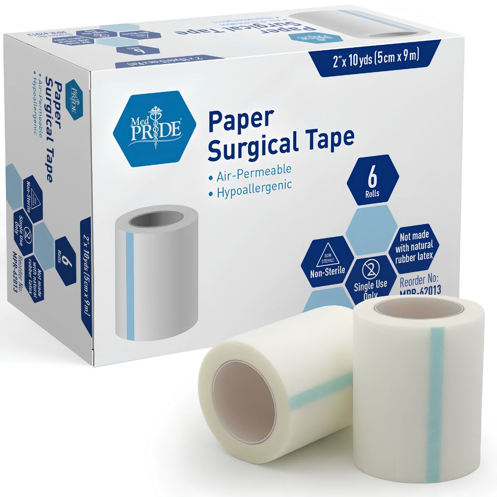 A box of Shield Line MedPride Paper Surgical Tape is shown with two white, breathable rolls. The box features air-permeable, hypoallergenic, non-sterile, single-use tape in 1/2", 1", 2", and 3" x 10 yds sizes.