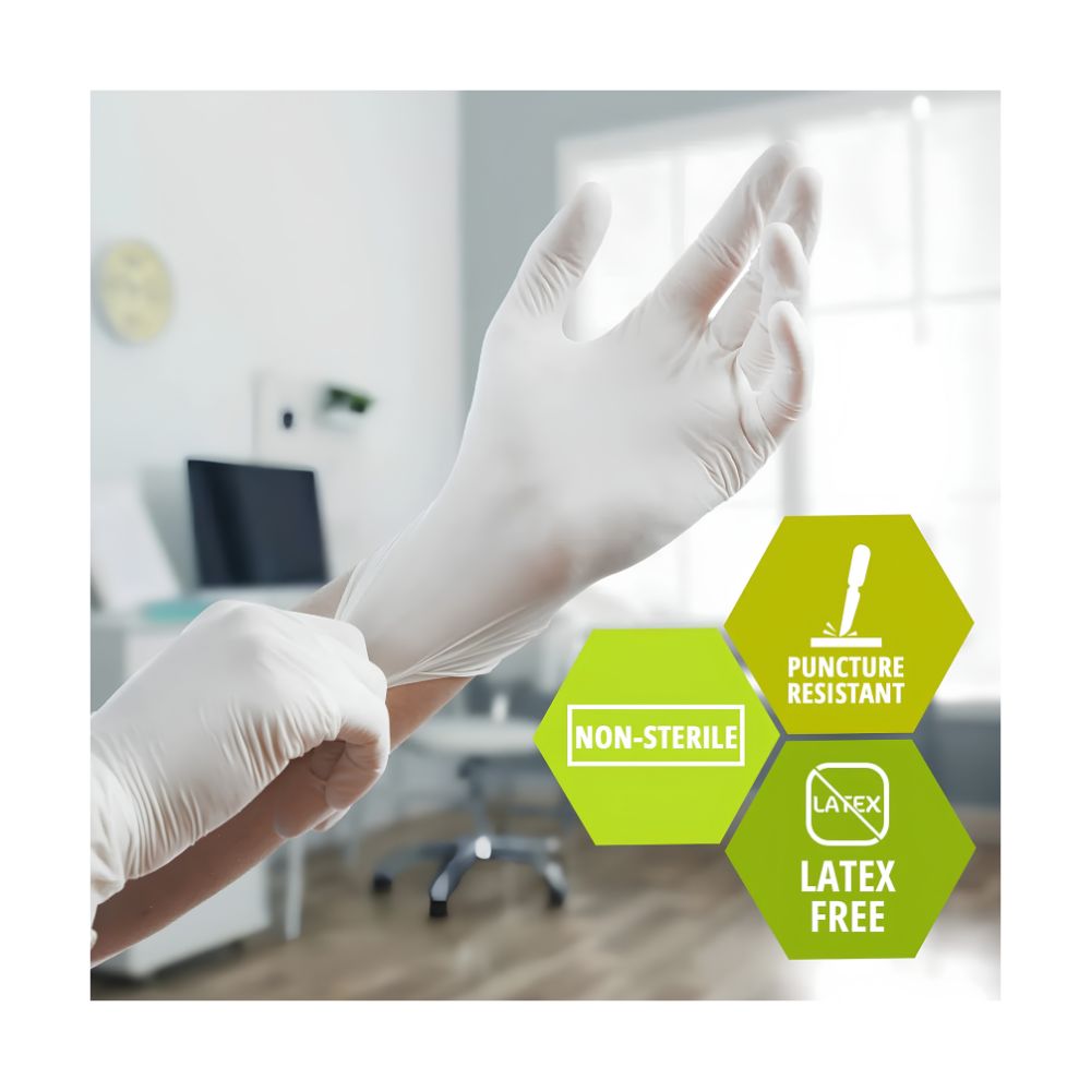 In a medical office, a person puts on Shield Line MedPride Latex Exam Gloves—5 mil thick, non-sterile, and powder-free. Three green hexagons read: NON-STERILE, PUNCTURE RESISTANT, LATEX FREE.