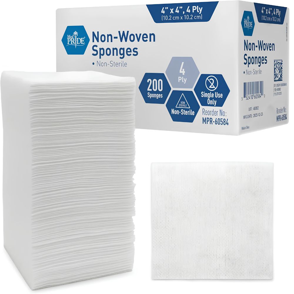 A stack of Shield Line MedPride Non-Woven Surgical Sponges, 4"x4", 4 ply, non-sterile, sits by a box labeled for wound care; one unfolded sponge is displayed beside them.