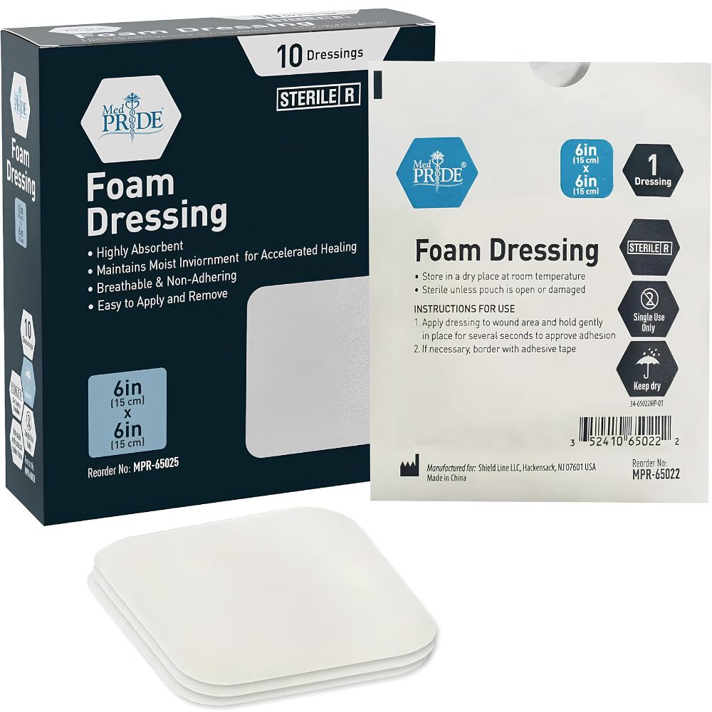 A box of Shield Line Medpride Foam Dressings, 6"x6", sterile, hydrophilic, highly absorbent, and non-adhesive. The front displays one pad alongside a stack of these breathable wound dressings.