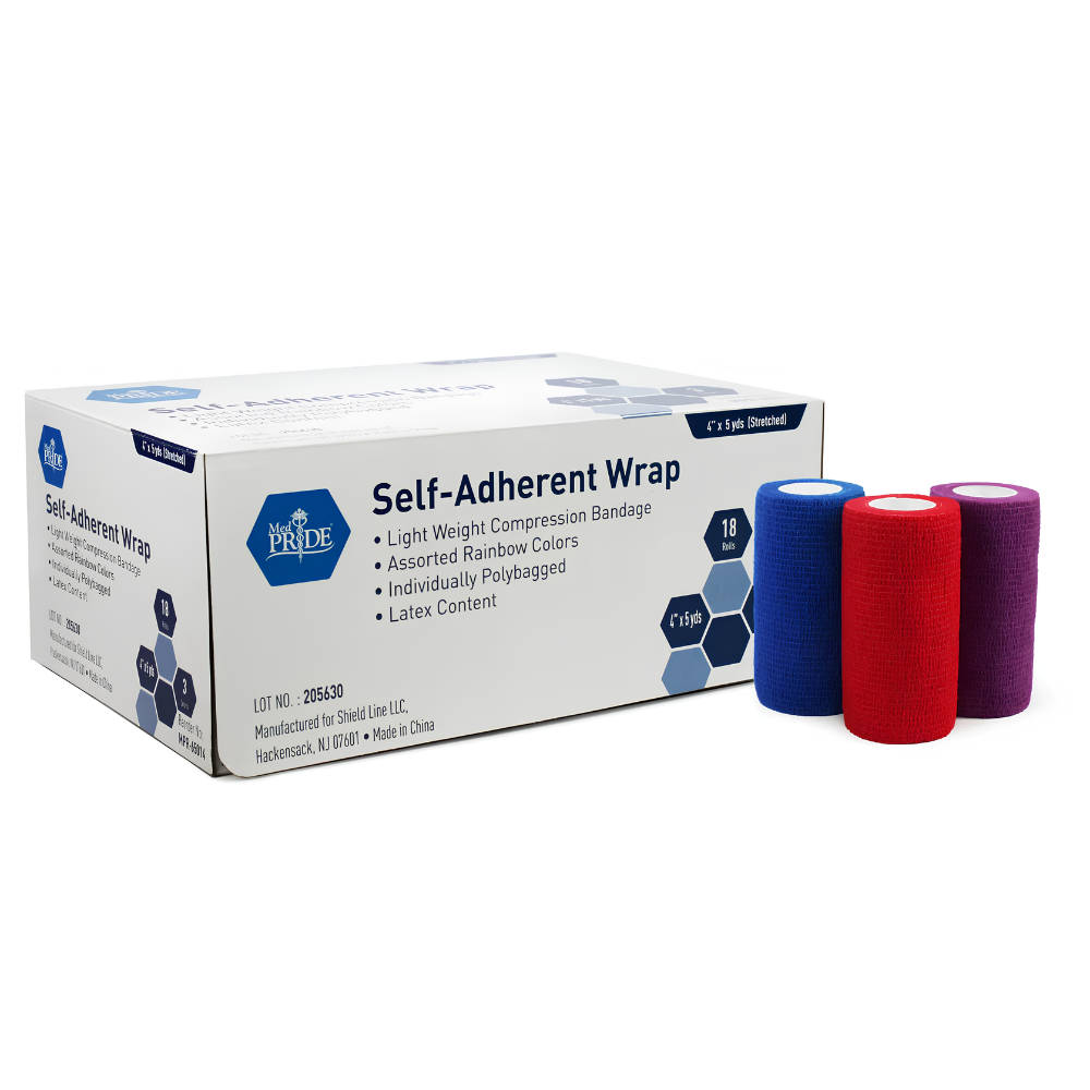 A box labeled "Shield Line Medpride Self-Adherent Wrap" is next to three latex-free, lightweight, cohesive compression bandages in red, blue, and purple, sizes 2"x5 yds to 6"x5 yds. Packaging features rainbow colors and latex-free content.