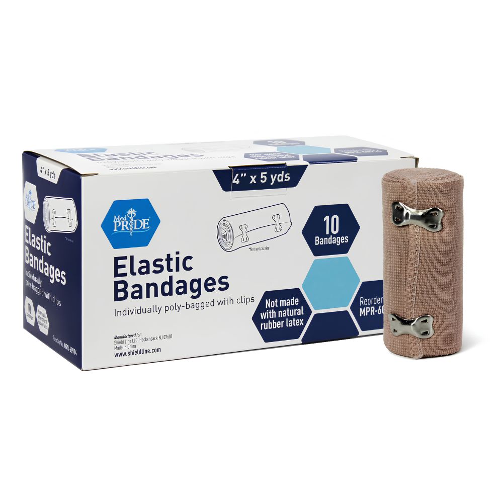 A box of Shield Line MedPride Non-Sterile Elastic Bandages with clips, labeled 4" x 5 yds, contains 10 bandages. Not made with natural rubber latex—ideal for compression support and first aid. One rolled elastic bandage is shown beside the box.