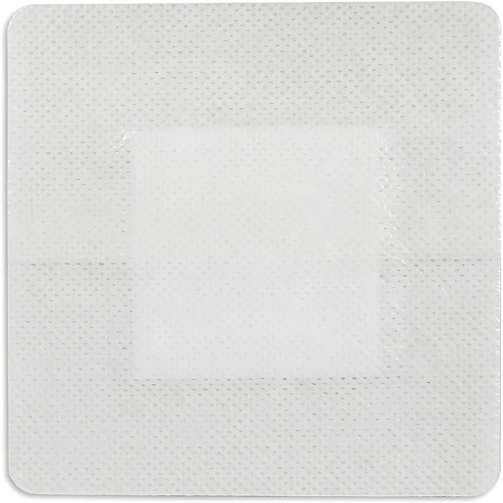 A close-up of the Shield Line Medpride Waterproof Composite Dressing (4"x4" & 6"x6") shows its sterile, central white absorbent pad with perforated adhesive edges, ideal for post-surgical care, displayed on a plain white background.