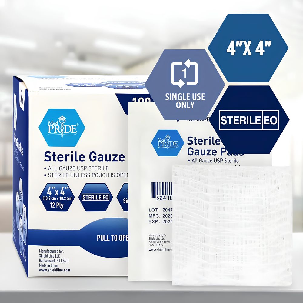 A box and packets of Shield Line MedPride Sterile Gauze Pads for wound dressing and first aid, 12-ply, sizes 2"x2", 3"x3", and 4"x4" (single use), with visible product details and a stack of gauze pads shown up front.
