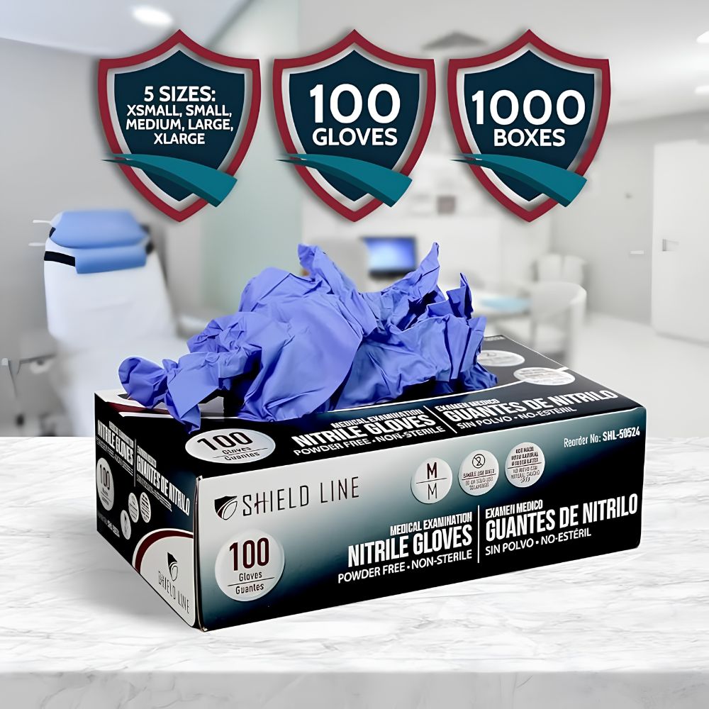 A box of Shield Line MedPride Shield Line Nitrile Exam Gloves 4 Mil Non-Sterile Powder Free Bi-L, with icons showing five sizes, 100 powder-free gloves per box, and 1,000 boxes sits on a counter in a modern exam room.