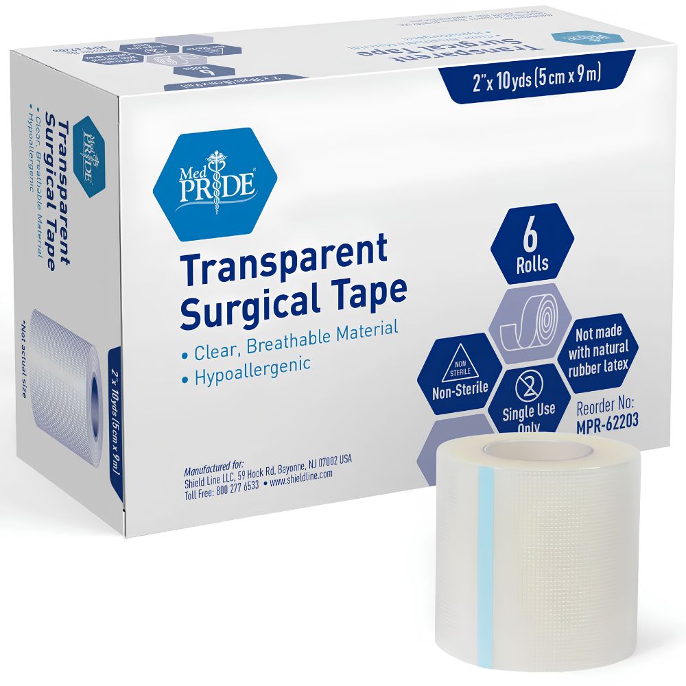 A box of Shield Line MedPride Clear Surgical Tape displays 6 rolls (2" x 10 yards each), featuring transparent, breathable, hypoallergenic, non-sterile tape. Reorder number: MPR-62203.