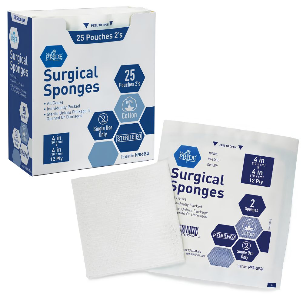 A box of Shield Line MedPride Sterile Surgical Gauze Sponge—2's 4"x4", 12 ply, 100% cotton, sterile, single-use pouches—is shown with two white gauze sponges. Ideal for wound care. Each box contains 25 pouches.