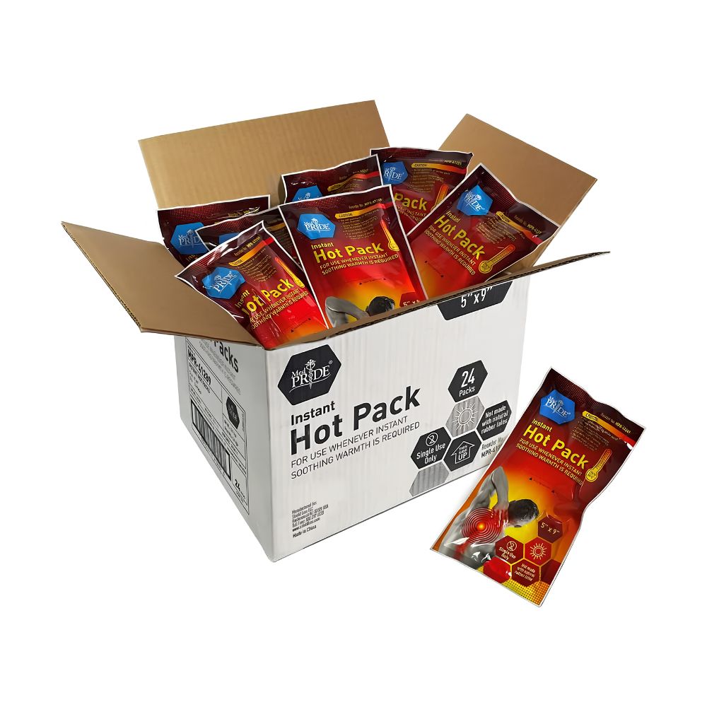 A Shield Line MedPride Instant Hot Packs Disposable Warm Compress Heating Pads (5" x 9", 24/cs) box displays multiple individually wrapped packs, with one shown outside to highlight packaging for muscle relief and heat therapy.