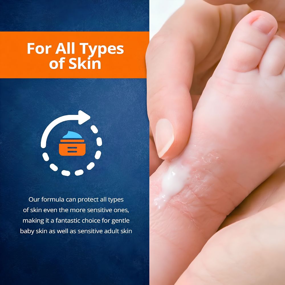 A hand applies Med Pride Vitamins A & D Ointment by Shield Line to a baby’s foot. Text reads, “For All Types of Skin,” with a cream jar icon, and notes it soothes irritated skin for babies and sensitive adults.