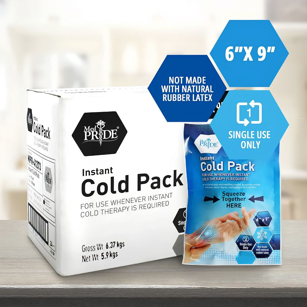 A Shield Line MedPride Instant Cold Pack (6"x9") sits next to its box on a table. The packaging notes it's for pain relief, latex-free, single-use, and activates instantly when squeezed. Also available in 5"x6", 24 per case.