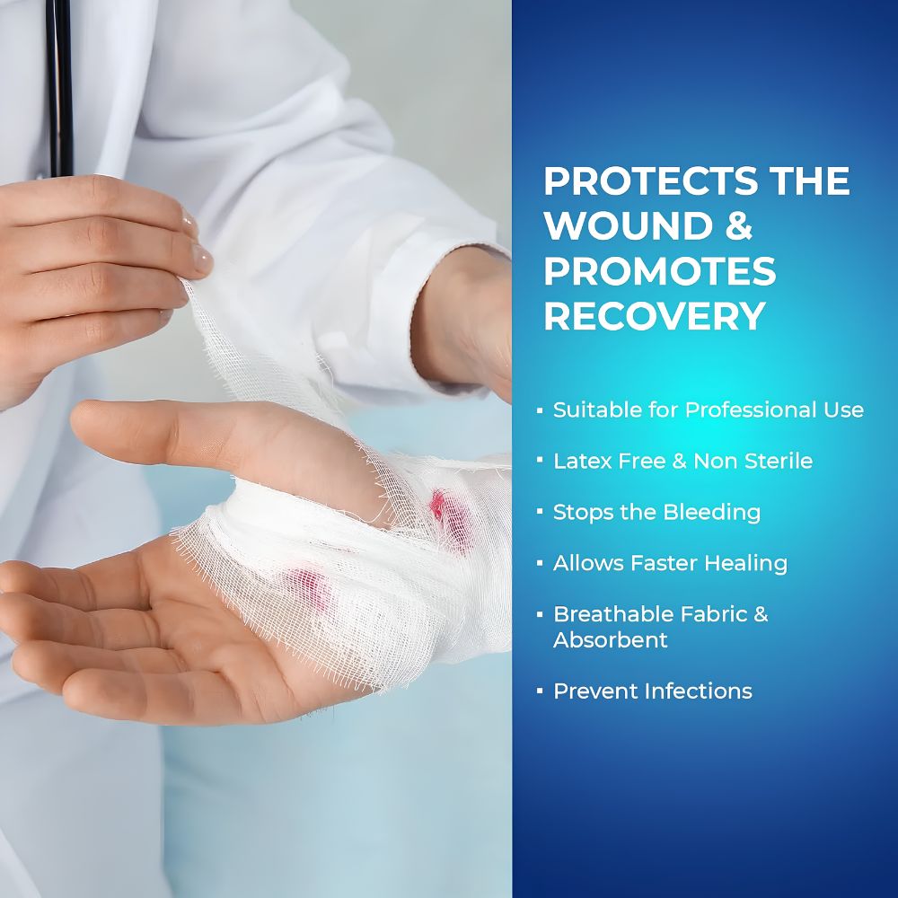 A healthcare professional wraps a Shield Line MedPride Conforming Stretch Gauze Bandage Roll (Non-Sterile) around a wounded hand, helping to stop bleeding and prevent infections as part of first aid wound care.