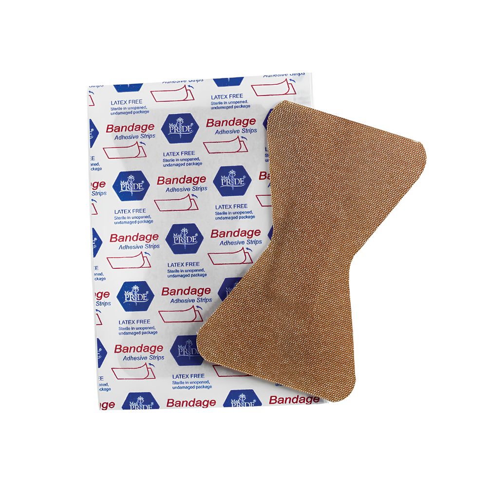 A brown, bowtie-shaped MedPride Sterile Fabric Fingertip Adhesive Bandage by Shield Line (1.75" x 2" & 1.75" x 3") rests on white packaging labeled LATEX FREE and Adhesive Strips in blue and red text.