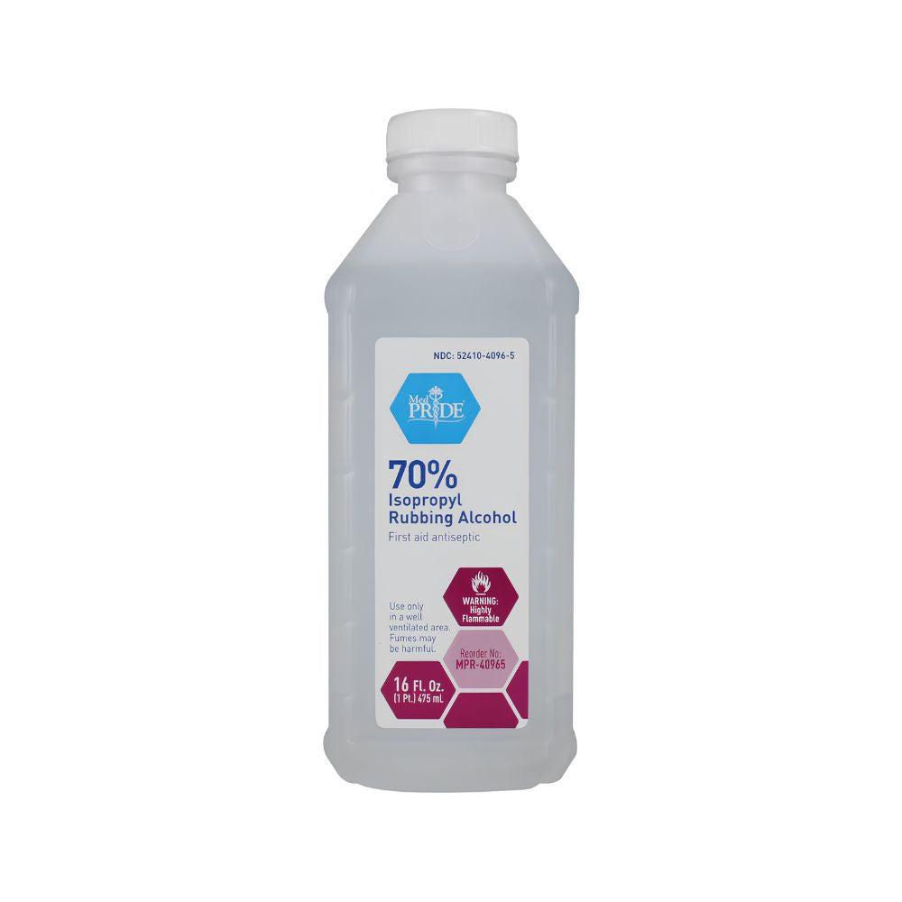 A clear plastic bottle labeled Shield Line MedPride 70% Isopropyl Rubbing Alcohol with a white cap; the label states it is a first aid antiseptic and disinfectant, containing 16 fl oz (473 mL).