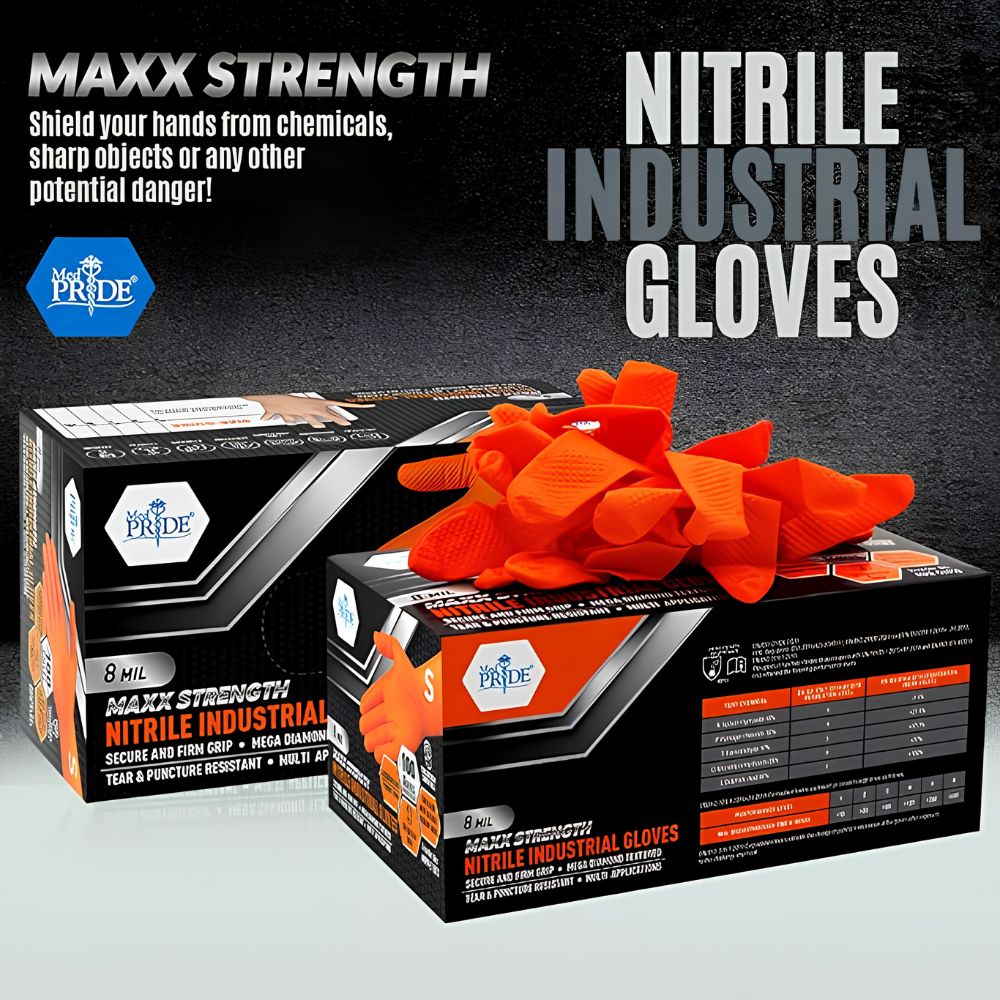 Two Shield Line MedPride Maxx Strength Nitrile Industrial Orange Gloves boxes display 8 mil thick gloves—heavy-duty, chemical-resistant, and designed for tough jobs with superior tear and puncture resistance.