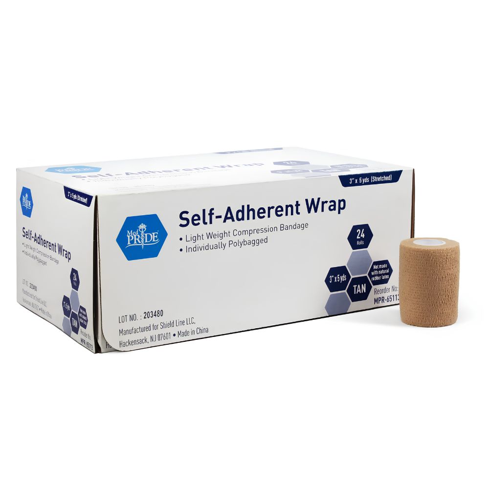 A Shield Line Medpride Self-Adherent Wrap box sits beside a tan bandage roll. The box lists features: latex free, lightweight, 2" x 5 yds., self-adherent wrap for wound care; each box contains 24 rolls in various sizes.