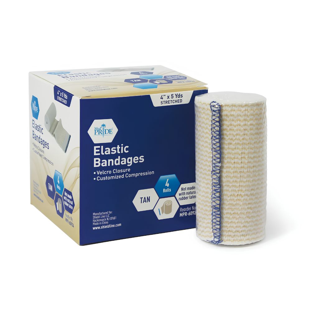 A tan MedPride Elastic Bandage with Velcro from Shield Line stands upright beside its blue and white box labeled "Elastic Bandages," which states it contains four compression wraps in sizes 2"x5 yds, 3"x5 yds, 4"x5 yds, and 6"x5 yds.